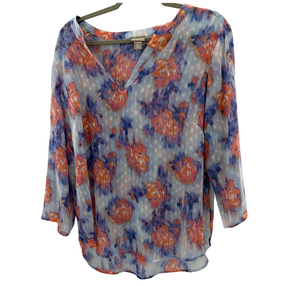 Chicos Blue Orange Floral Clip Dot V-Neck Blouse‎ Metallic Stripe Size 2 Large